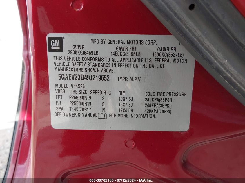 2009 Buick Enclave Cxl VIN: 5GAEV23D49J219652 Lot: 39762186