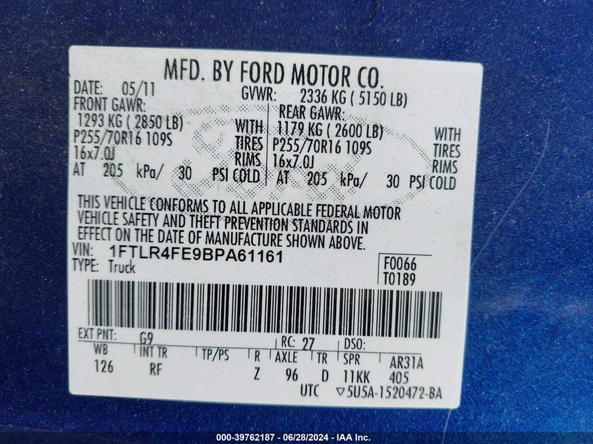 2011 Ford Ranger Super Cab VIN: 1FTLR4FE9BPA61161 Lot: 39762187