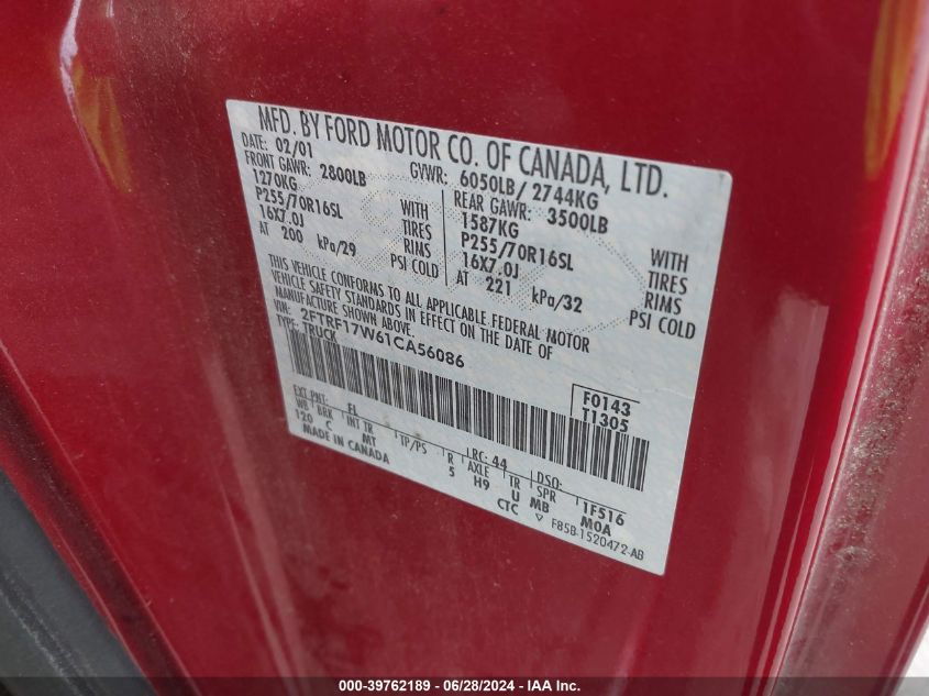 2001 Ford F-150 VIN: 2FTRF17W61CA56086 Lot: 39762189