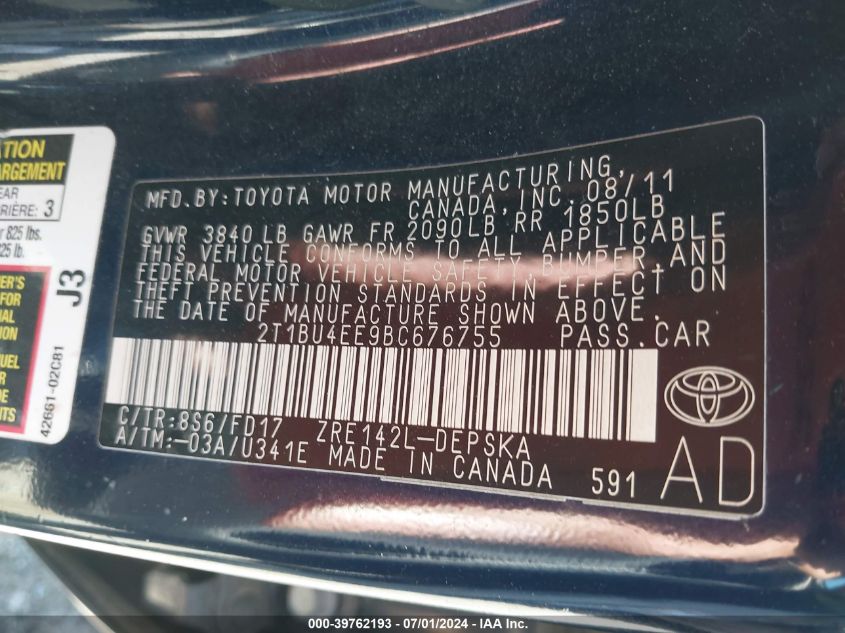 2011 Toyota Corolla S VIN: 2T1BU4EE9BC676755 Lot: 39762193