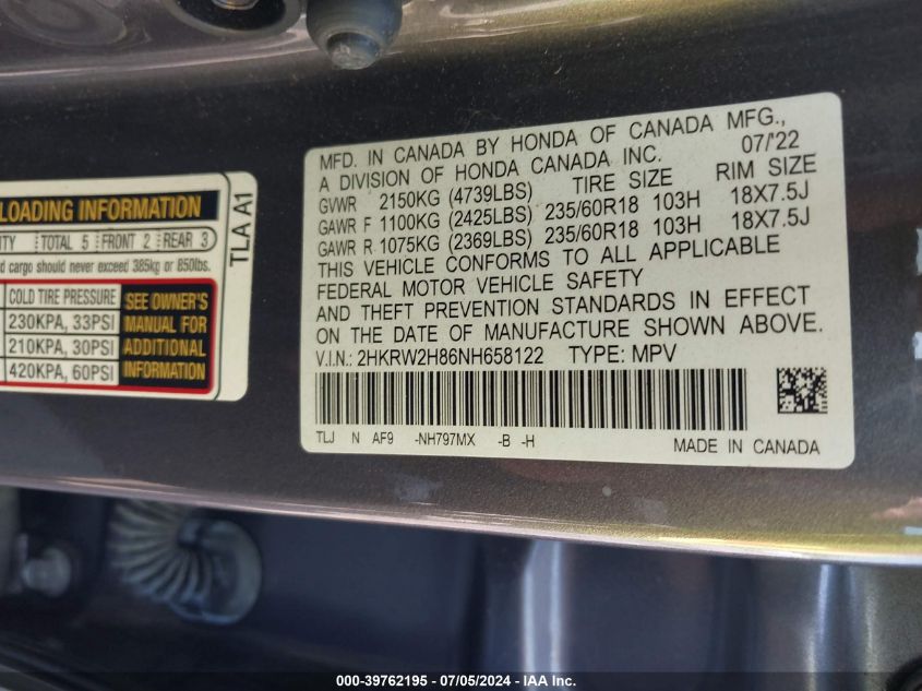 2022 Honda Cr-V Awd Ex-L VIN: 2HKRW2H86NH658122 Lot: 39762195