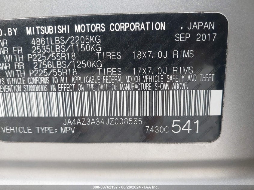 2018 Mitsubishi Outlander Se VIN: JA4AZ3A34JZ008565 Lot: 39762197