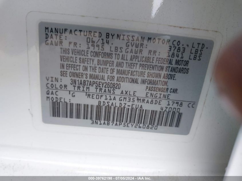 2014 Nissan Sentra Fe+ S/Fe+ Sv/S/Sl/Sr/Sv VIN: 3N1AB7AP5EY260820 Lot: 39762198