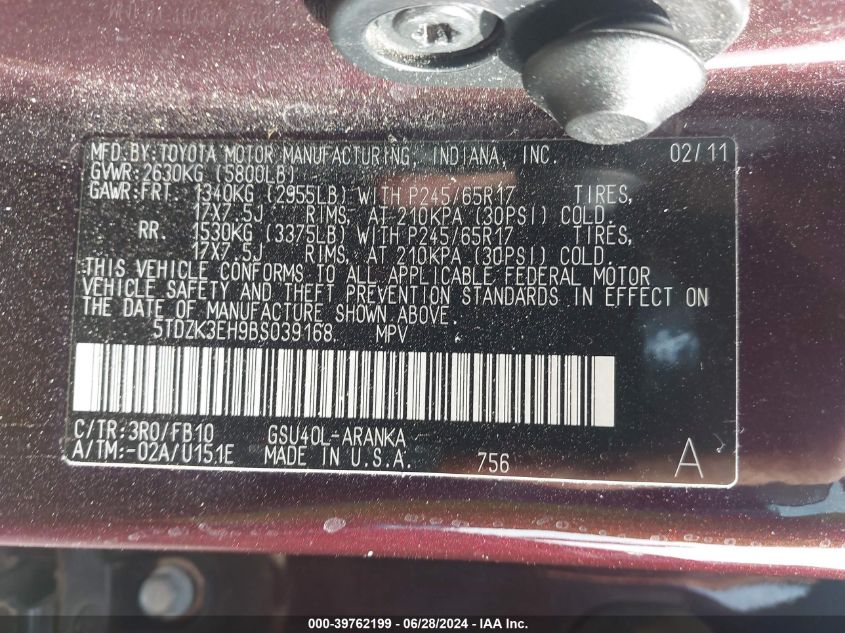 2011 Toyota Highlander Se VIN: 5TDZK3EH9BS039168 Lot: 39762199