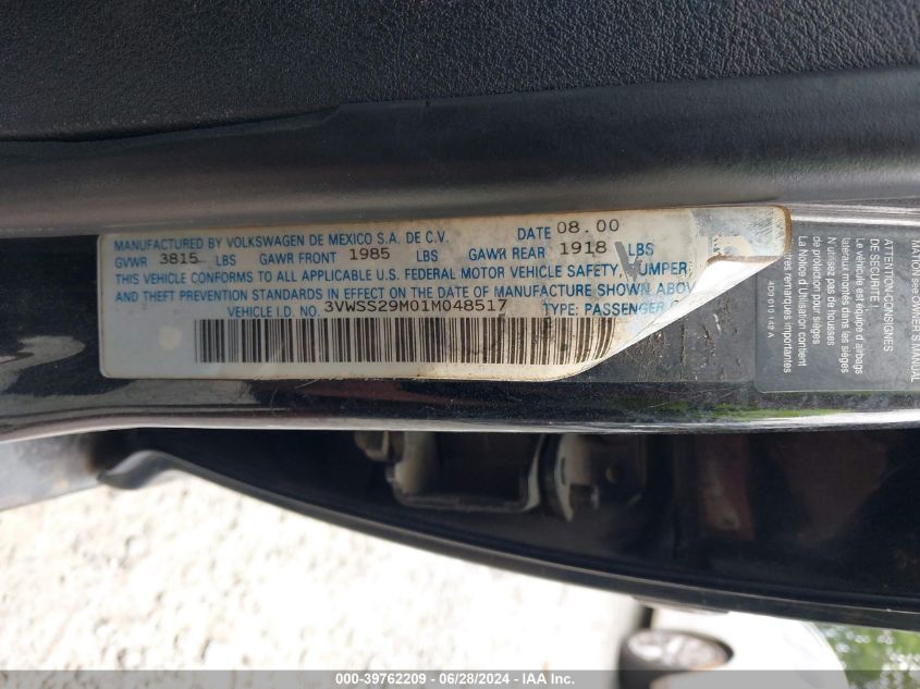 2001 Volkswagen Jetta Gls VIN: 3VWSS29M01M048517 Lot: 39762209