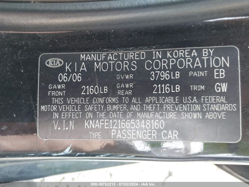 KNAFE121665348160 2006 Kia Spectra Ex/Lx/Sx