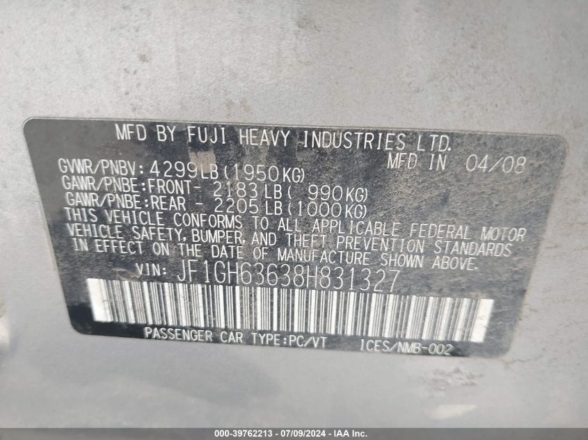 2008 Subaru Impreza Outback Sport VIN: JF1GH63638H831327 Lot: 39762213