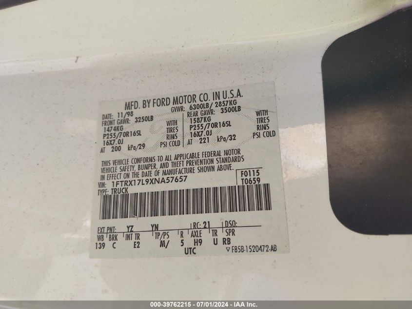 1999 Ford F-150 Lariat/Xl/Xlt VIN: 1FTRX17L9XNA57657 Lot: 39762215