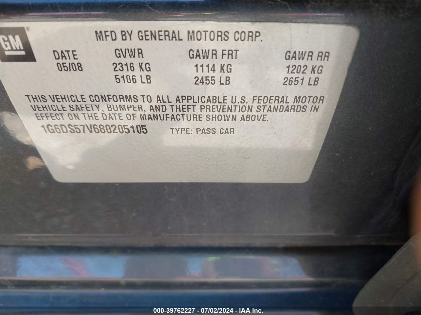 2008 Cadillac Cts Standard VIN: 1G6DS57V680205105 Lot: 39762227
