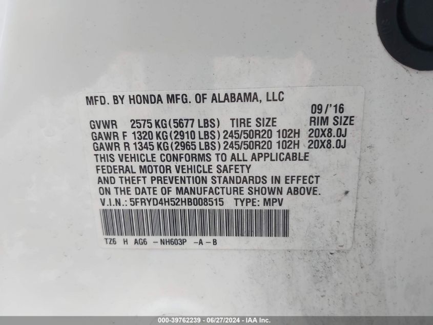 2017 Acura Mdx Technology Package VIN: 5FRYD4H52HB008515 Lot: 39762239