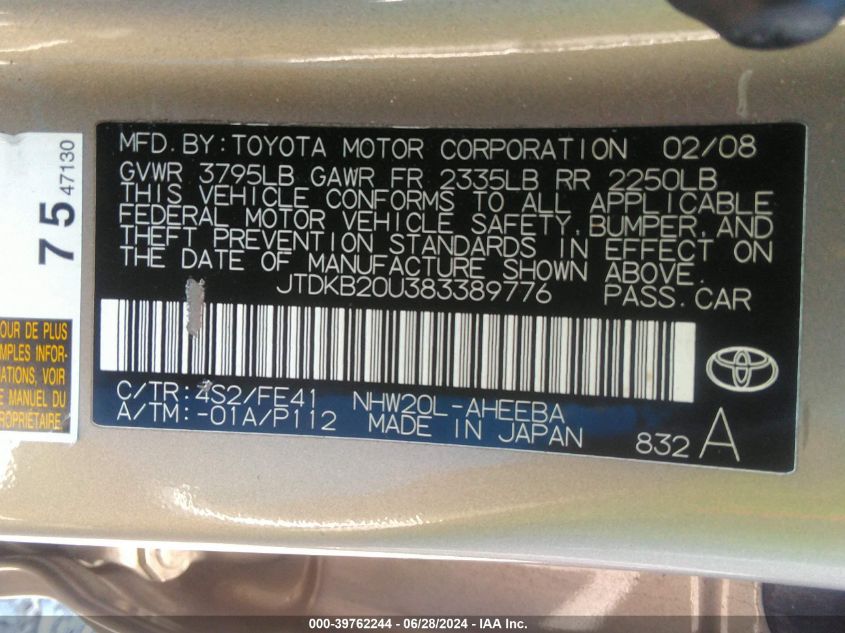 JTDKB20U383389776 | 2008 TOYOTA PRIUS