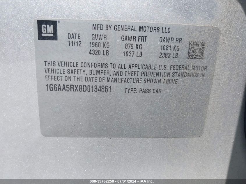 2013 Cadillac Ats Standard VIN: 1G6AA5RX8D0134861 Lot: 39762250