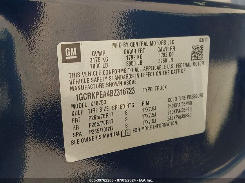 2011 Chevrolet Silverado 1500 K1500 VIN: 1GCRKPEA4BZ316723 Lot: 39762263