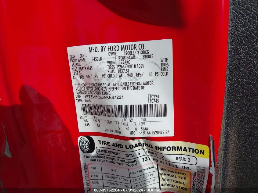 2010 Ford F-150 Fx2 Sport/Xl/Xlt VIN: 1FTEW1C80AKE47221 Lot: 39762264