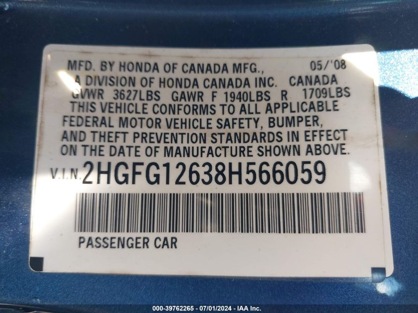 2HGFG12638H566059 2008 Honda Civic Lx