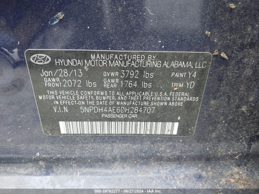 5NPDH4AE6DH284707 | 2013 HYUNDAI ELANTRA