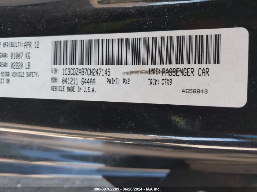 2012 Dodge Avenger Se VIN: 1C3CDZAB7CN247145 Lot: 39762281