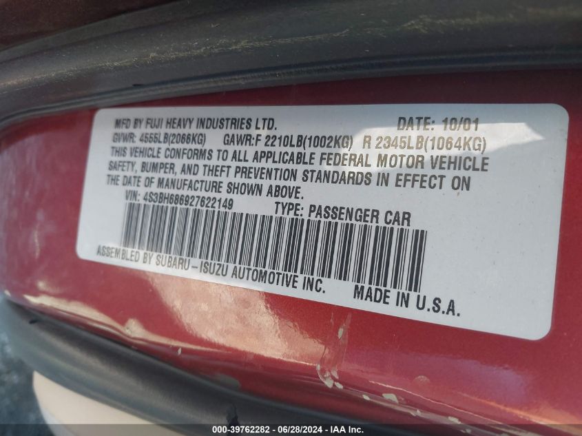 2002 Subaru Legacy Outback Limited VIN: 4S3BH686927622149 Lot: 39762282