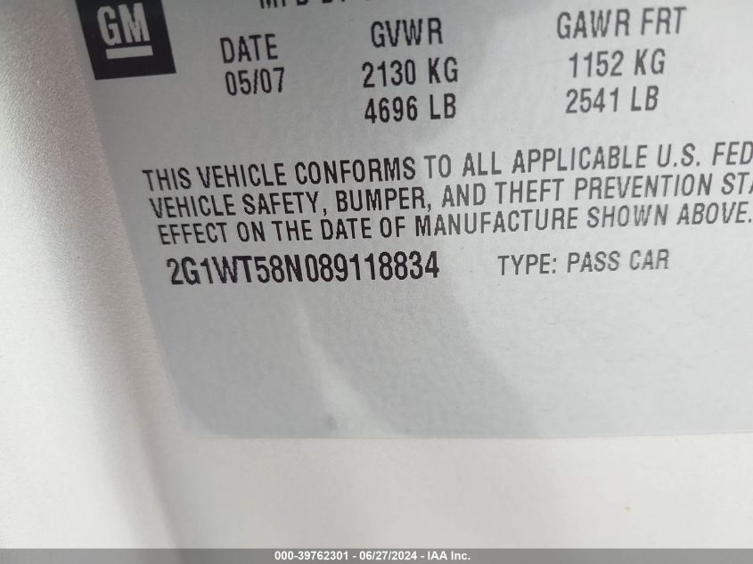 2008 Chevrolet Impala Lt VIN: 2G1WT58N089118834 Lot: 39762301