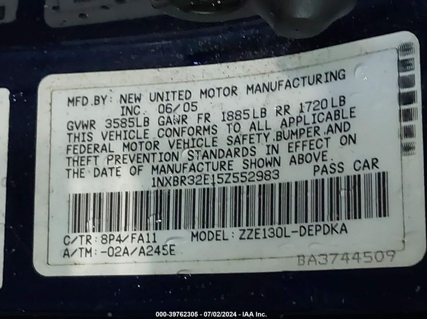 2005 Toyota Corolla Ce VIN: 1NXBR32E15Z552983 Lot: 39762305