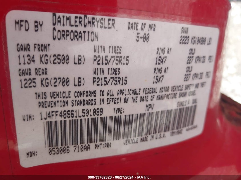 2001 Jeep Cherokee Sport VIN: 1J4FF48S61L501099 Lot: 39762320