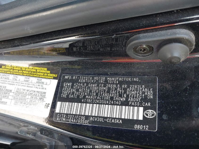 2005 Toyota Camry Se VIN: 4T1BE32K05U424140 Lot: 39762325