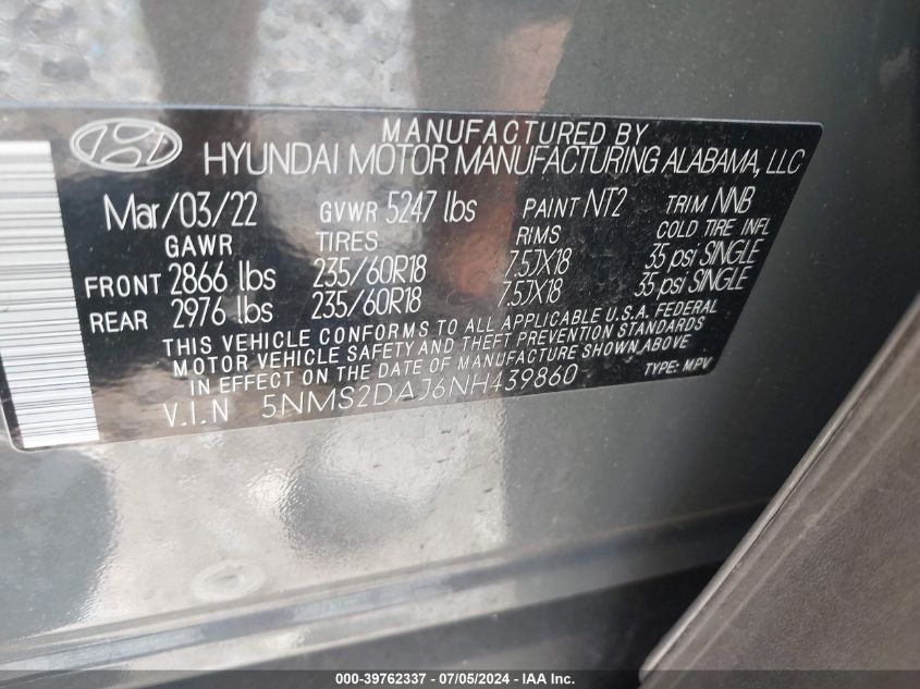 2022 Hyundai Santa Fe Sel VIN: 5NMS2DAJ6NH439860 Lot: 39762337