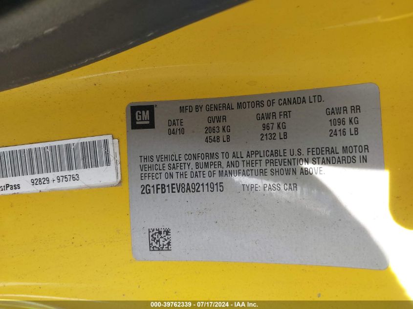 2010 Chevrolet Camaro 1Lt VIN: 2G1FB1EV8A9211915 Lot: 39762339