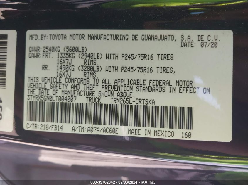 2020 Toyota Tacoma Sr VIN: 3TYRX5GN0LT004007 Lot: 39762342
