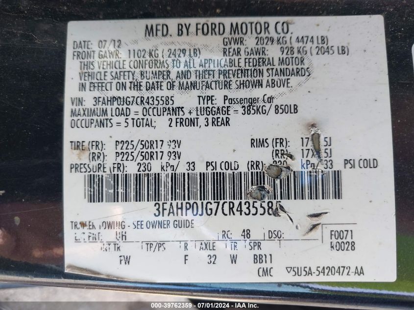 3FAHP0JG7CR435585 | 2012 FORD FUSION