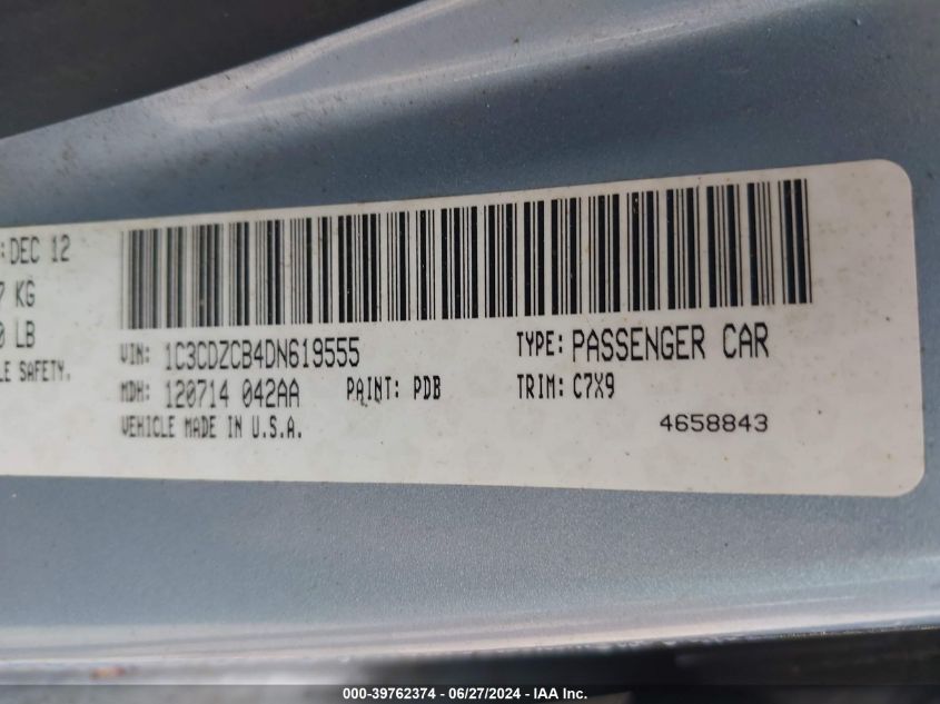 2013 Dodge Avenger Sxt VIN: 1C3CDZCB4DN619555 Lot: 39762374