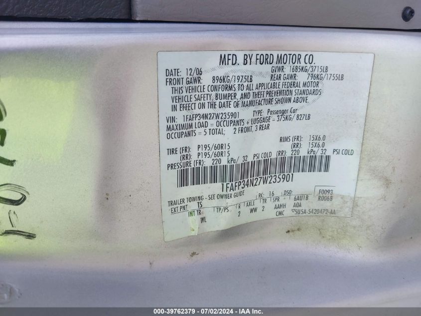 2007 Ford Focus S/Se/Ses VIN: 1FAFP34N27W235901 Lot: 39762379