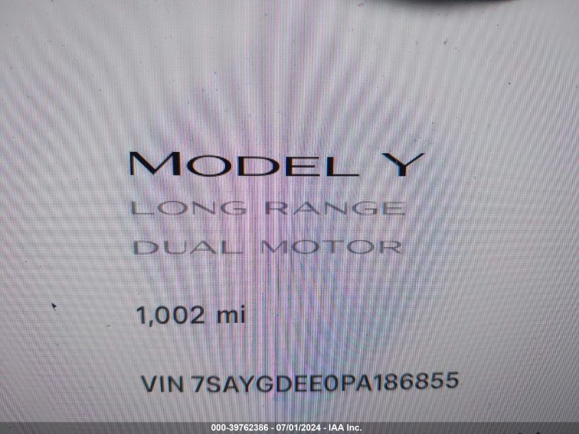 2023 Tesla Model Y Awd/Long Range Dual Motor All-Wheel Drive VIN: 7SAYGDEE0PA186855 Lot: 39762386