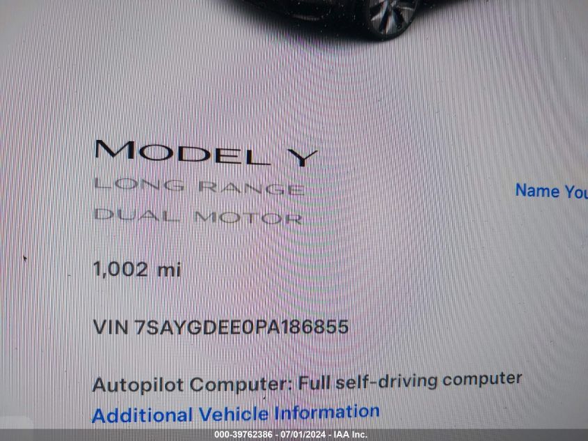 2023 Tesla Model Y Awd/Long Range Dual Motor All-Wheel Drive VIN: 7SAYGDEE0PA186855 Lot: 39762386