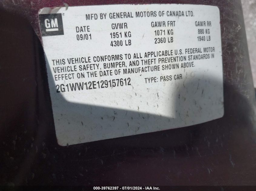 2001 Chevrolet Monte Carlo Ss VIN: 2G1WX15K219168664 Lot: 39762397