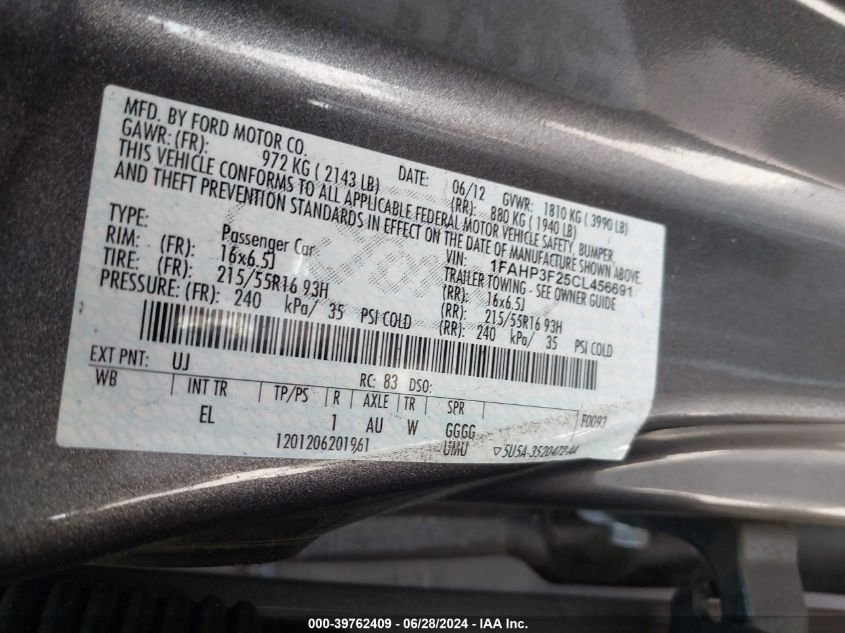 2012 Ford Focus Se VIN: 1FAHP3F25CL456691 Lot: 39762409