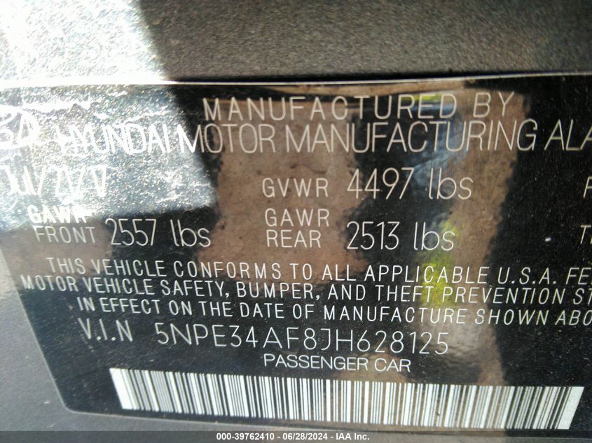 2018 Hyundai Sonata Sel VIN: 5NPE34AF8JH628125 Lot: 39762410