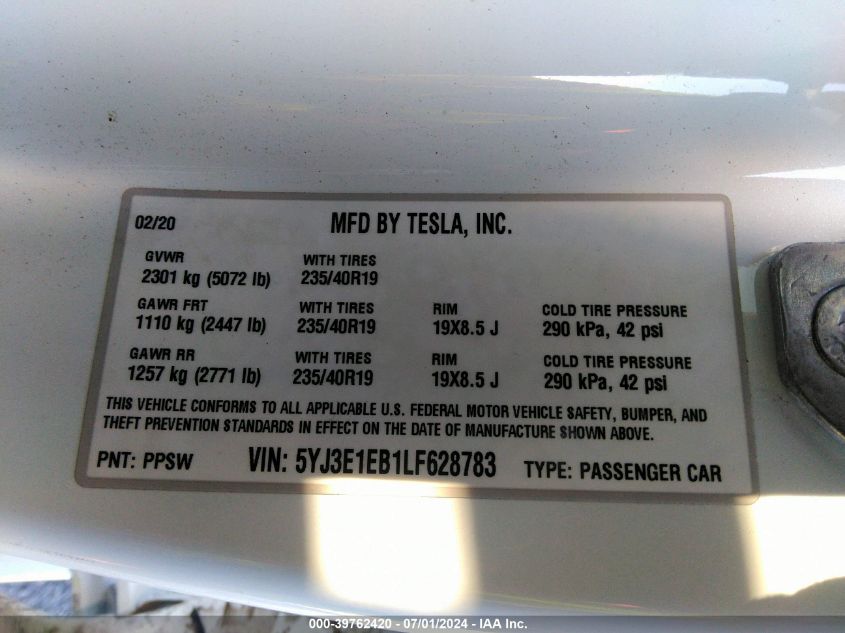 2020 Tesla Model 3 Long Range Dual Motor All-Wheel Drive VIN: 5YJ3E1EB1LF628783 Lot: 39762420