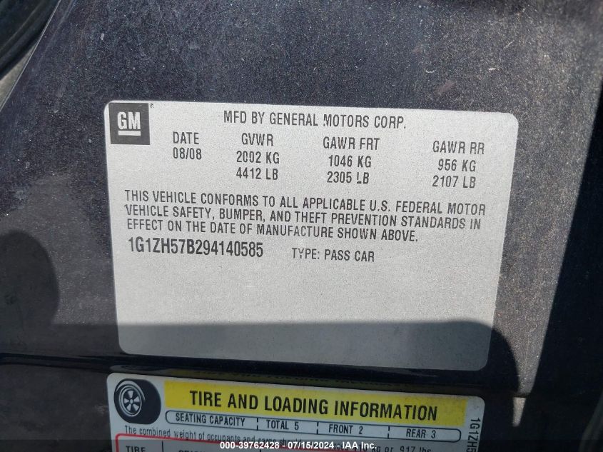 2009 Chevrolet Malibu Lt VIN: 1G1ZH57B294140585 Lot: 39762428