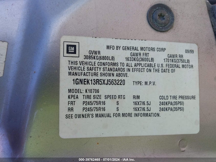 1999 Chevrolet Tahoe Ls VIN: 1GNEK13R5XJ563220 Lot: 39762465