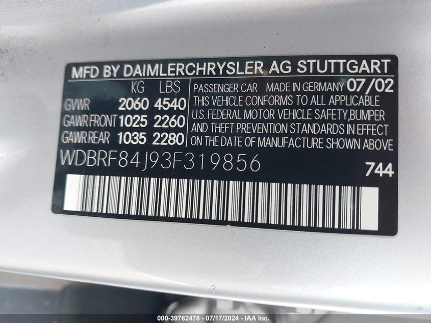 2003 Mercedes-Benz C 320 Sport VIN: WDBRF84J93F319856 Lot: 39762478