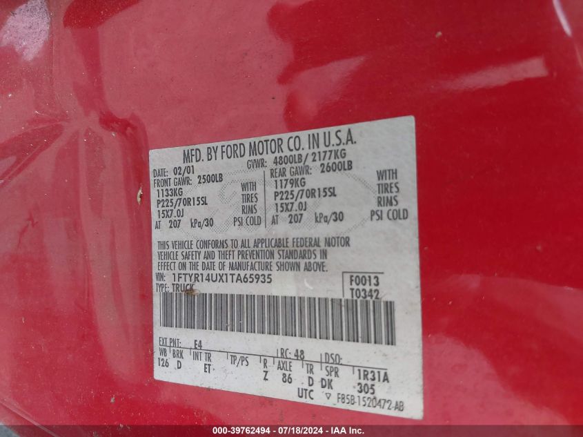 2001 Ford Ranger Edge/Xl/Xlt VIN: 1FTYR14UX1TA65935 Lot: 39762494