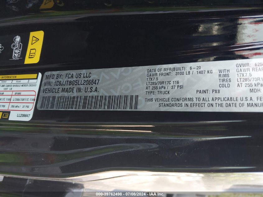 2020 Jeep Gladiator Rubicon 4X4 VIN: 1C6JJTBG5LL206647 Lot: 39762498