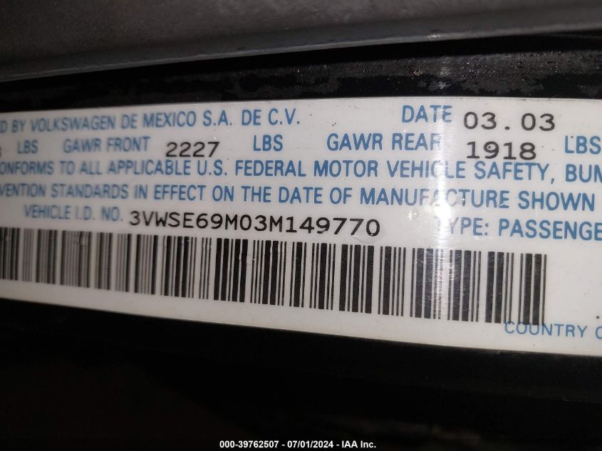 2003 Volkswagen Jetta Gls 1.8T VIN: 3VWSE69M03M149770 Lot: 39762507