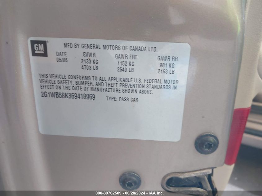 2006 Chevrolet Impala Ls VIN: 2G1WB58K369418969 Lot: 39762509