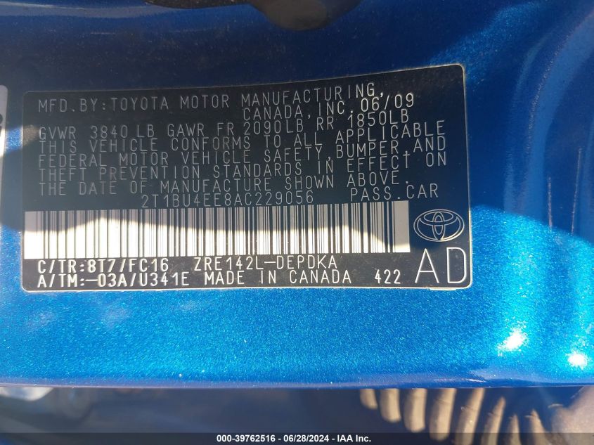 2010 Toyota Corolla S/Le/Xle VIN: 2T1BU4EE8AC229056 Lot: 39762516