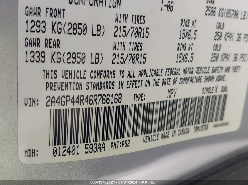2006 Chrysler Town & Country Lx VIN: 2A4GP44R46R766168 Lot: 39762521