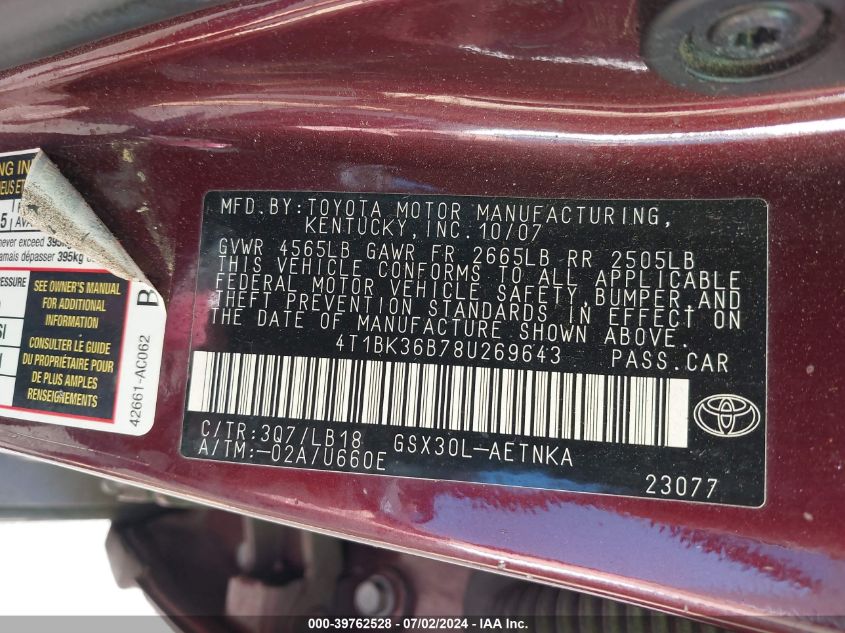 2008 Toyota Avalon Touring VIN: 4T1BK36B78U269643 Lot: 39762528