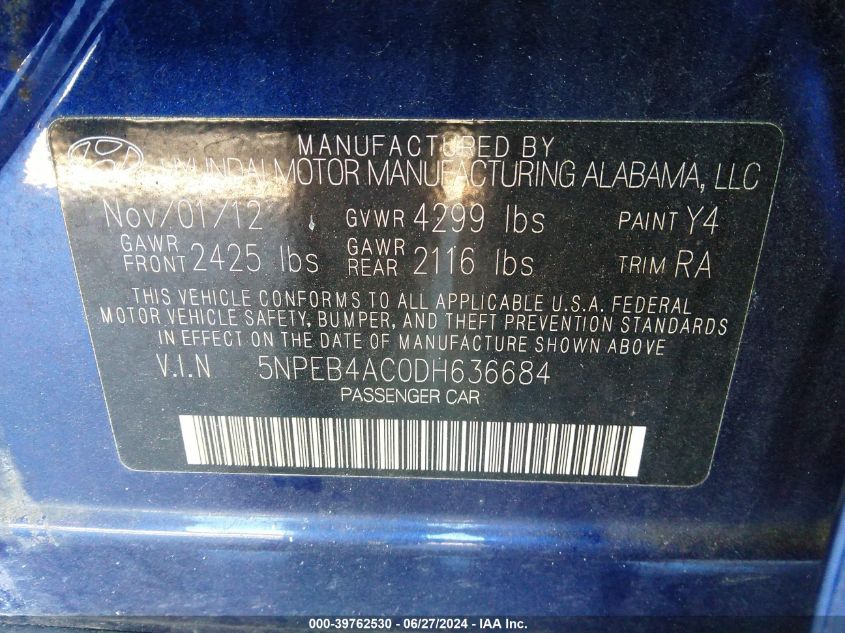 2013 Hyundai Sonata Gls VIN: 5NPEB4AC0DH636684 Lot: 39762530