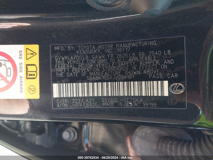 2018 Lexus Es 350 VIN: 58ABK1GGXJU084161 Lot: 39762534